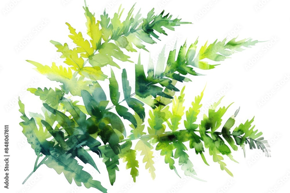 Poster a delicate watercolor illustration of green leaves on a white background, perfect for use in designs