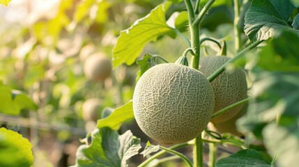 Close up view of an organic cantaloupe plant