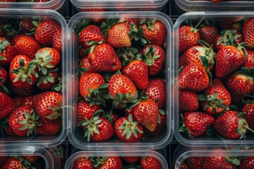Multiple plastic punnet containers filled with fresh, ripe strawberries
