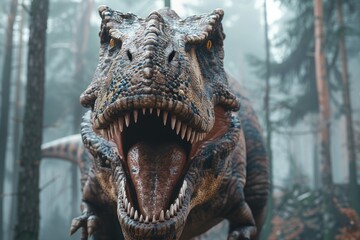 Fototapeta premium A close-up view of a dinosaur's mouth, open in a roar or snarl