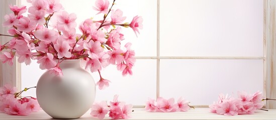 Pink flowers bouquet on white vase Floral home spring decoration Valentine s day. Creative banner. Copyspace image
