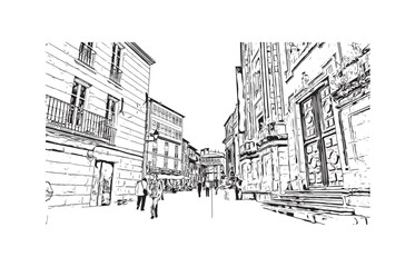 Print Building view with landmark of 
Santiago de Compostela is the city in Spain. Hand drawn sketch illustration in vector.