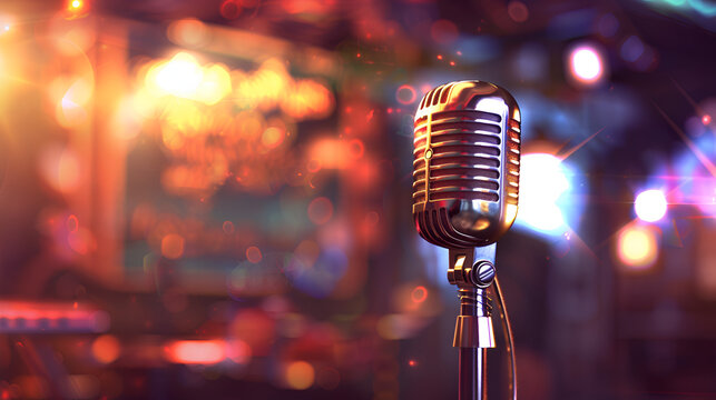 a photorealistic microphone with a spotlight on it, representing the spotlight that jamali was once in, with a blurred background of a concert stage
