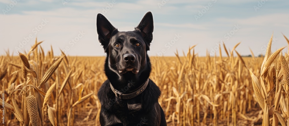 Poster black shepherd is standing in a corn field. creative banner. copyspace image