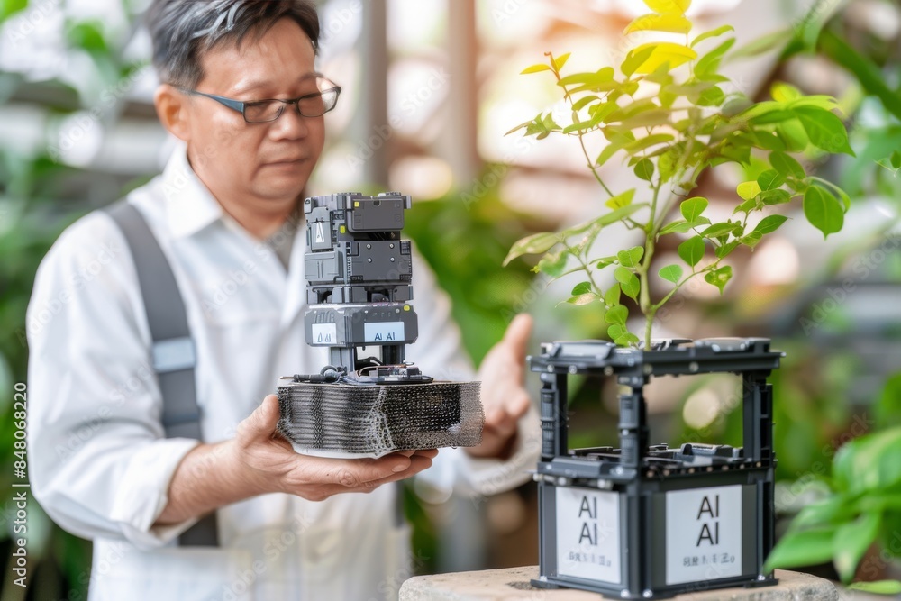 Poster man holding a small ai robot with a plant, symbolizing the harmony between technology and nature in 