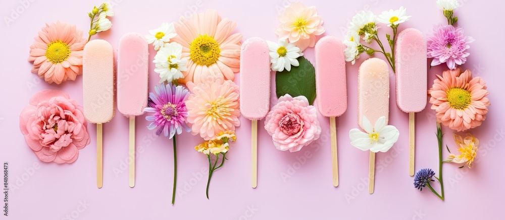 Aufkleber popsicle ice cream assortment on pink background spring natural background top view flat lay copy sp