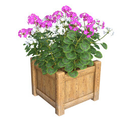 Realistic 3D illustration of purple and white Geraniums / Cranesbills in a wood planter. Image 10 of series