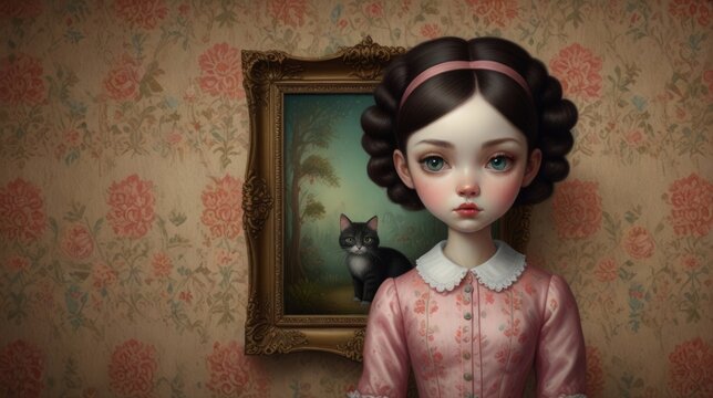 Digital illustration of a young girl with a painting of a cat