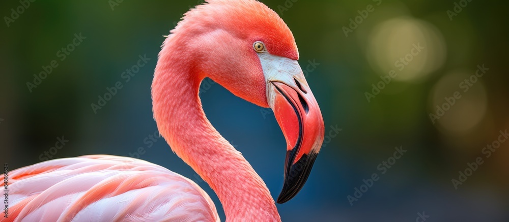 Poster wildlife concept close up portrait of pink flamingo in the zoo image contains copy space