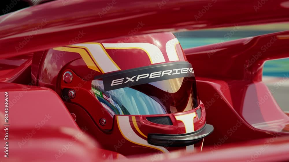 Poster extreme close-up of a race car driver driving along the race track wearing a protective helmet with 