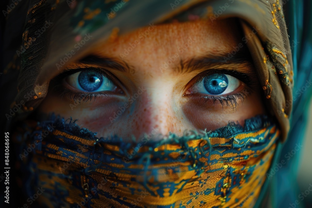 Poster a close-up shot of someone's face with bright blue eyes, perfect for emphasizing eye contact or high