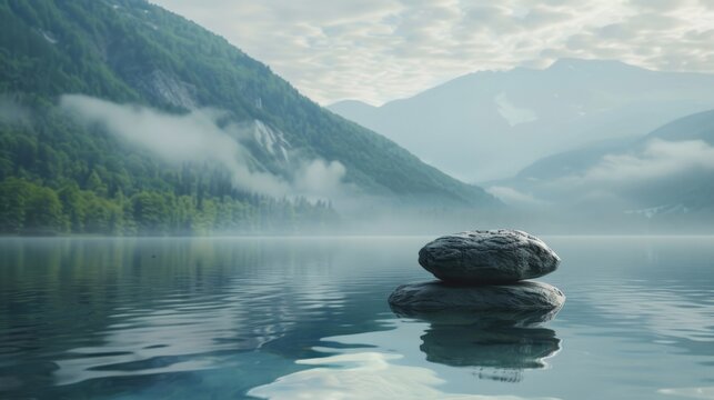 Stone pedestal display on surface of the lake, sky, mountains