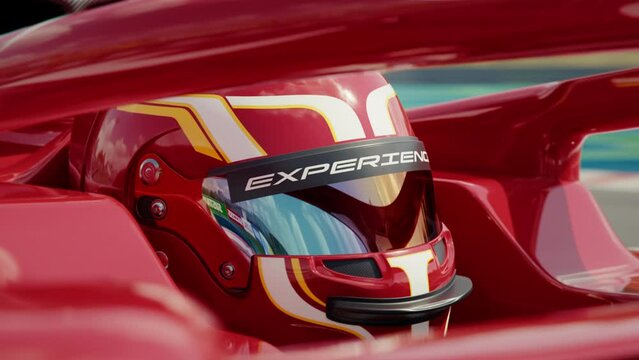 Extreme close-up of a race car driver driving along the race track wearing a protective helmet with experience slogan and zoom out to a track banner with success written on it. 3d animation rendering