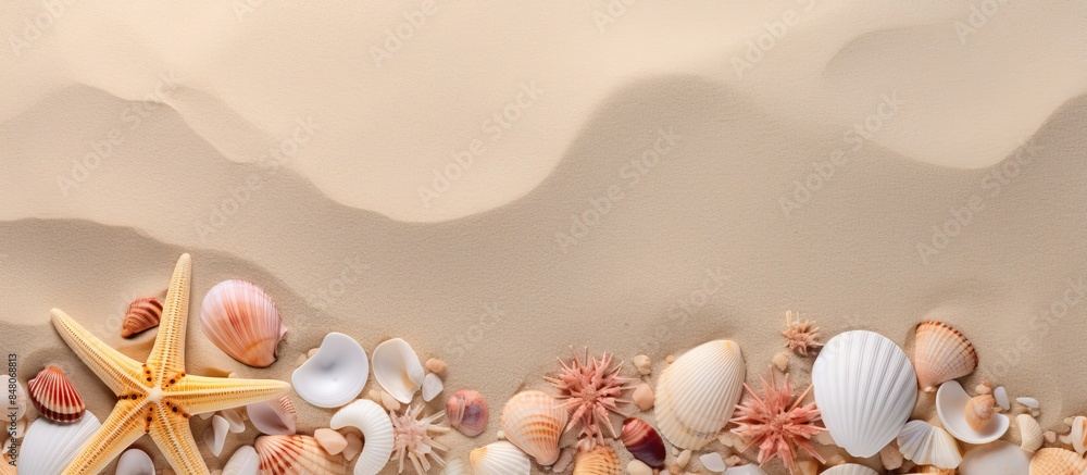 Aufkleber sea sand with starfish and shells top view with copy space