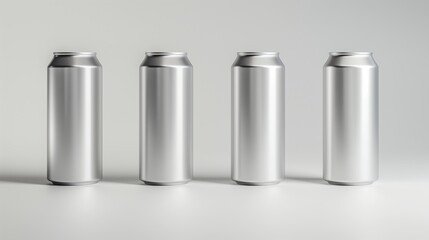 Blank Aluminum Cans for Beverage Packaging. Set of Four Empty Silver Cans on a Plain Background