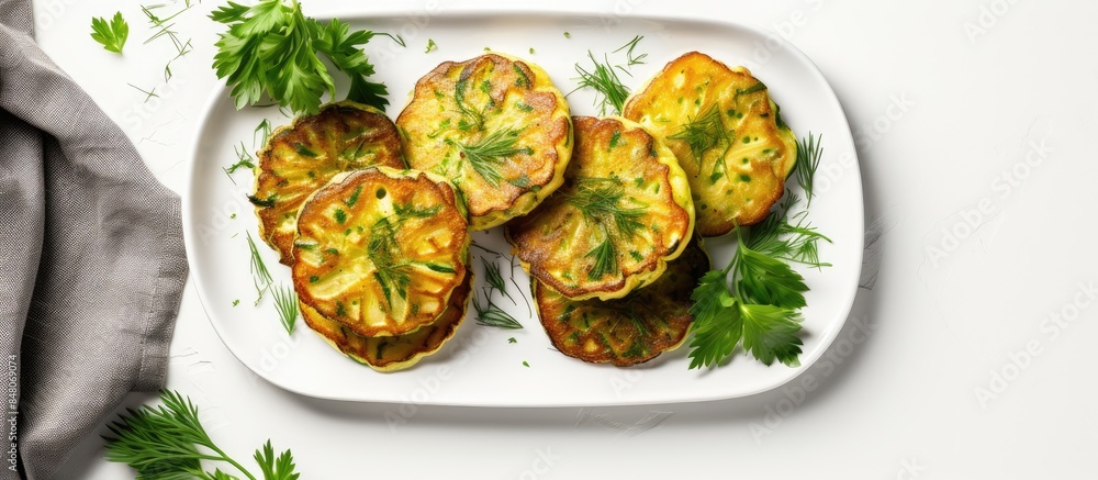 Poster zucchini pancakes with onion and parsley on white background top view above copy space