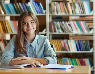 Portrait of pretty happy teenage girl study in school library student befor semester exam
