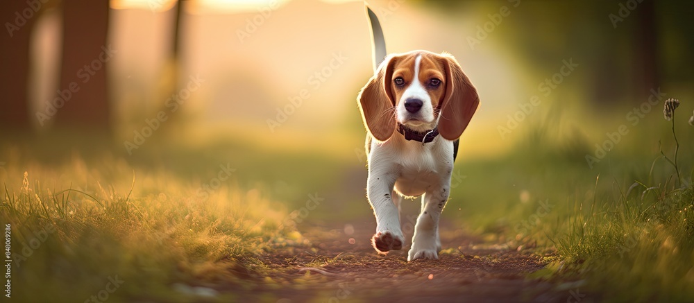 Poster beagle in the park. creative banner. copyspace image
