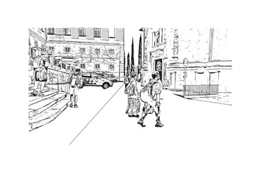 Print Building view with landmark of 
Santiago de Compostela is the city in Spain. Hand drawn sketch illustration in vector.