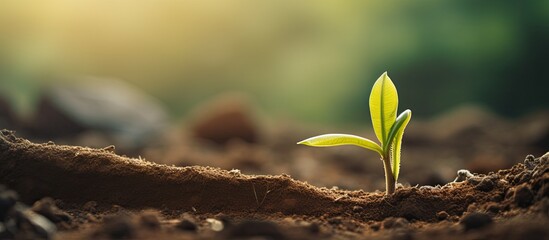 Banana Sprout on dry ground Selective focus with shallow depth of field. Creative banner. Copyspace image