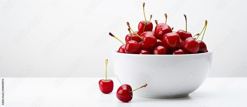 Poster red cherries in a white bowl isolated on white background. creative banner. copyspace image