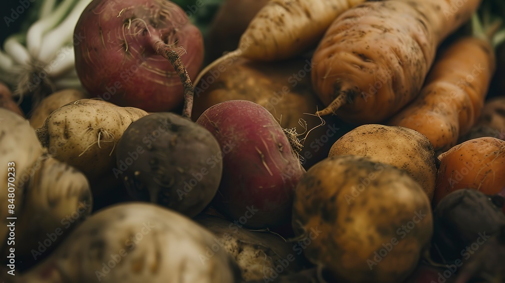 Sticker Assorted organic root vegetables, close-up, no humans, focus on earthy tones. 