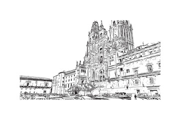 Print Building view with landmark of 
Santiago de Compostela is the city in Spain. Hand drawn sketch illustration in vector.