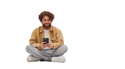 A man happily sits on a white floor, engrossed in his phone, against a transparent background.