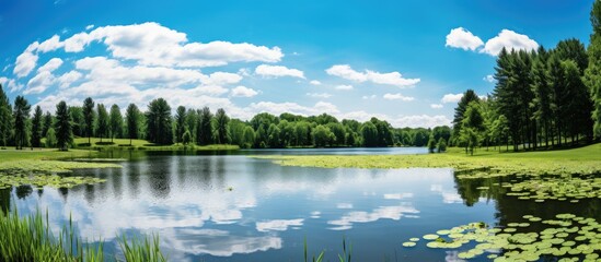 Fototapeta premium Pond on a beautiful summer day. Creative banner. Copyspace image