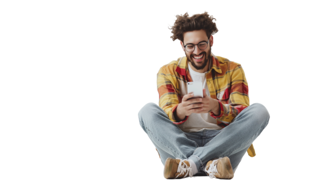 Joyful man sitting on a white floor, captivated by his phone, against a transparent backdrop.