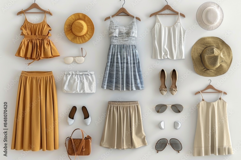Poster a collection of clothing and accessories displayed neatly on a white surface, suitable for use in ad