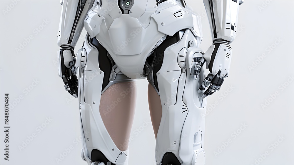 Poster powerful futuristic robot with advanced metallic exoskeleton in sci-fi landscape