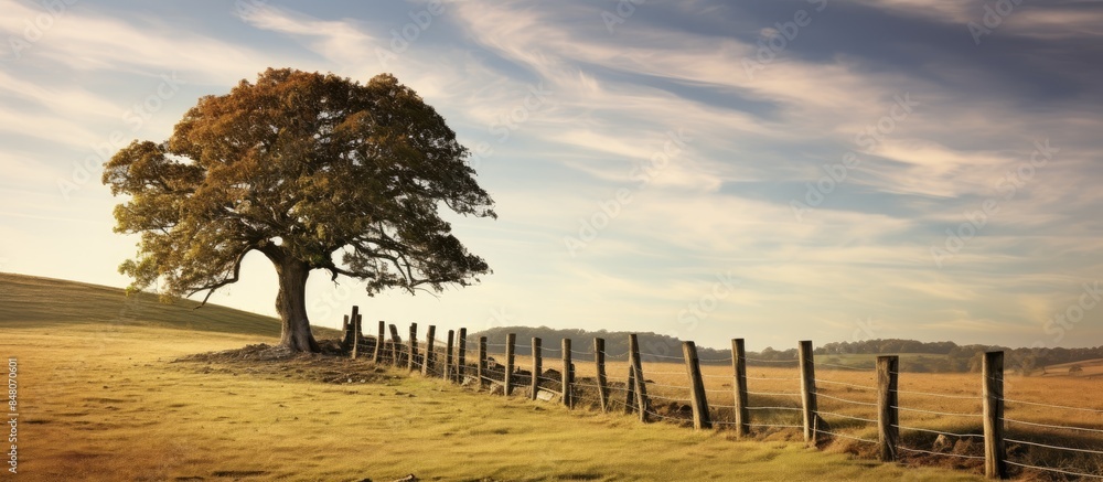 Poster Fence by a lone tree in a farm field. Creative banner. Copyspace image