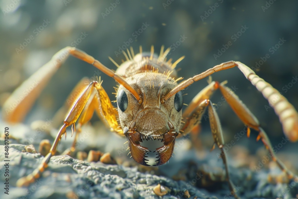 Poster macro shot of a small insect sitting on a rocky surface, highlighting its texture and colors