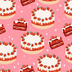 Seamless pattern with strawberry cakes. Vector flat background with strawberry cakes. Cute pieces of cakes and berries. Colorful seamless pattern