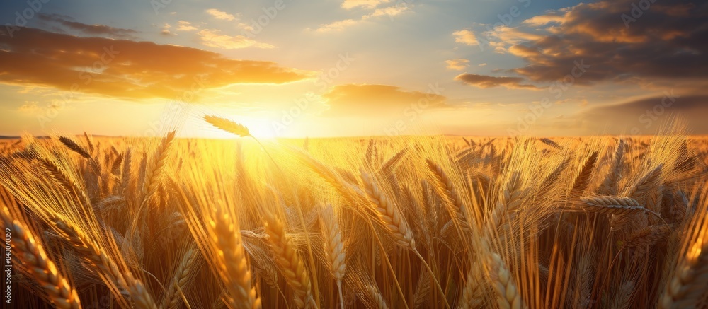 Poster a general view of wheat field at the sunset. creative banner. copyspace image