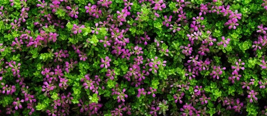 Naklejka premium Thyme Thymus vulgaris plant growing in the herb garden. Creative banner. Copyspace image