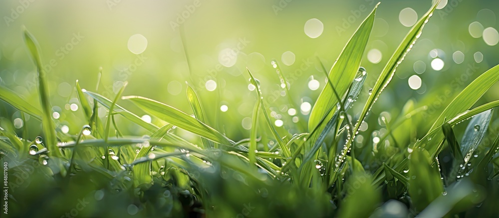 Poster fresh green grass with dew drops close up green grass background drop of dew in morning on leaf natu