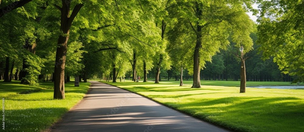 Poster bicycle path between landscape with tree and grass and beautify green garden. Creative banner. Copyspace image
