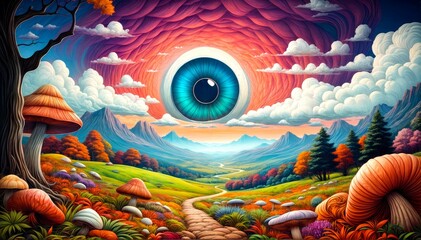 Craft a Dreamy Scene of Giant Eye, Colorful Clouds, and a Psychedelic Landscape