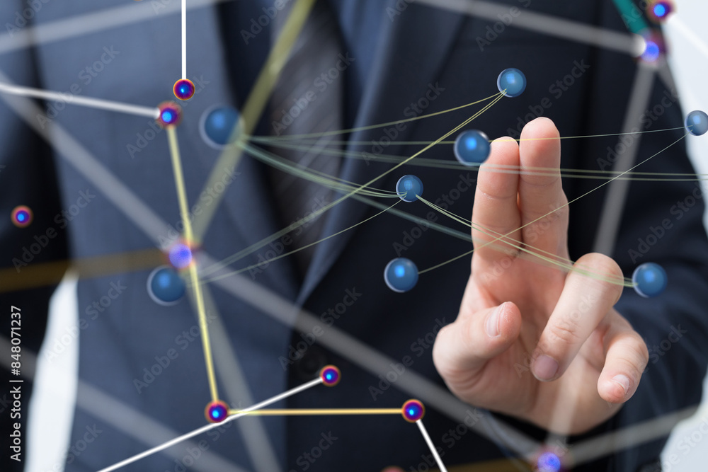 Poster Global network. Blockchain. 3D illustration. Neural networks and artificial intelligence. Abstract