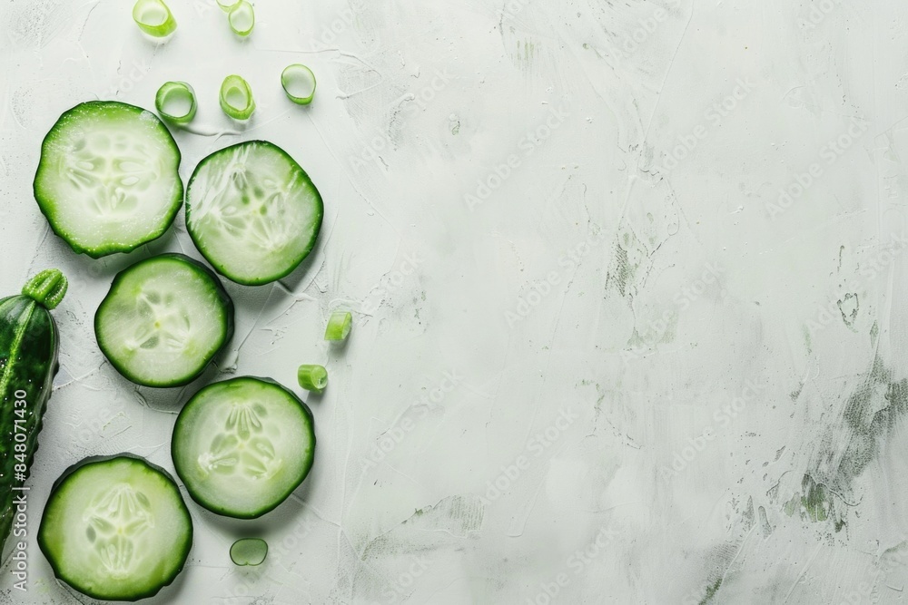 Poster fresh cucumber slices arranged on a table