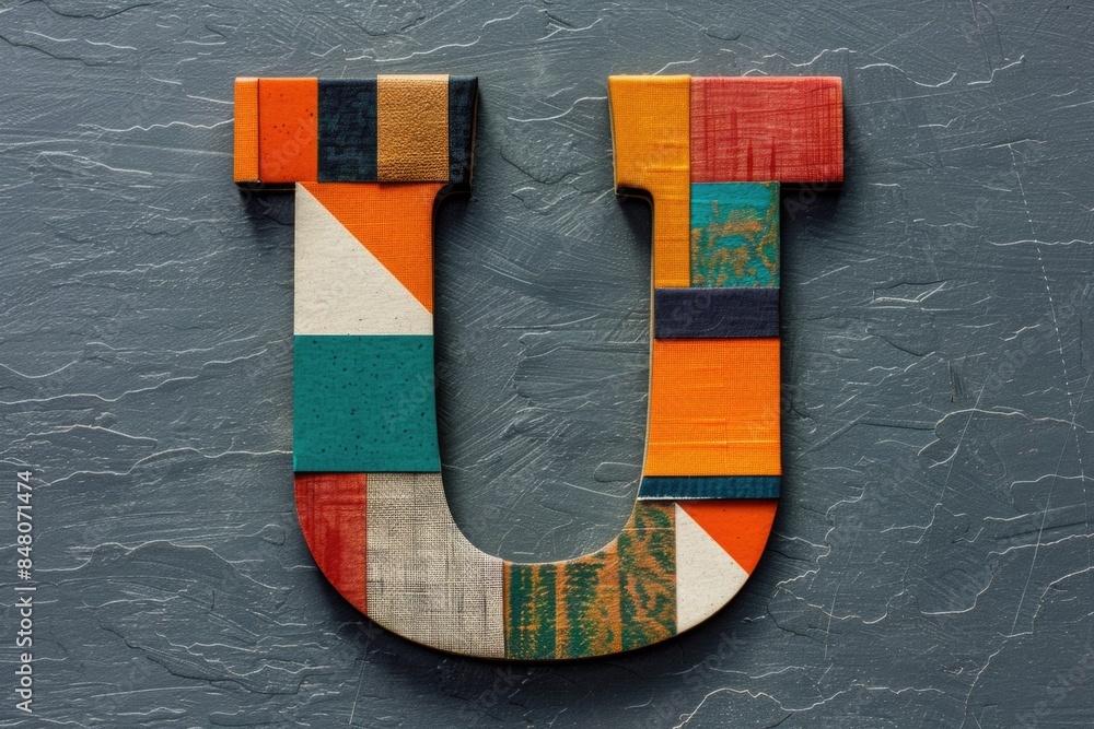 Poster a close-up shot of a mosaic artwork depicting the letter u made up of colorful blocks