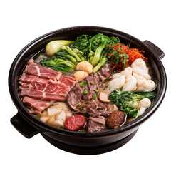 Japanese traditional hot pot, Fresh beef slices with ingredients for Japanese shabu-shabu or Sukiyaki. Isolated on transparent background