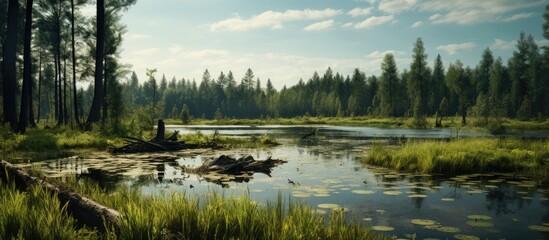 Obraz premium Swamp in field by the forest. Creative banner. Copyspace image