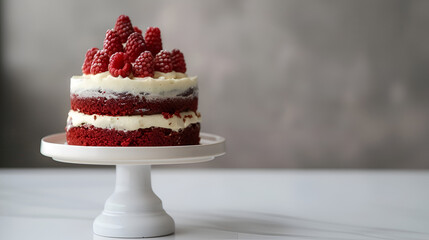 On the table sits a beautifully decorated red velvet cake, with cream cheese frosting and a few...