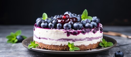 Delicious fresh blueberry or blackcurrant cake with cream cheese on a dark concrete background. Creative banner. Copyspace image
