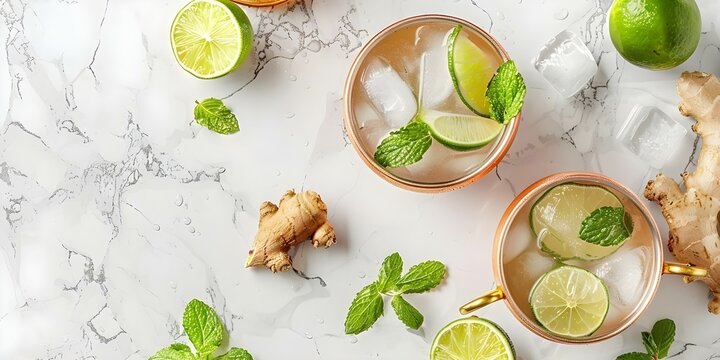 White table with copper mug lime ginger beer vodka mint Top view. Concept Table Setting, Cocktail Ingredients, Drink Photography, Summer Vibes, Refreshing Drinks