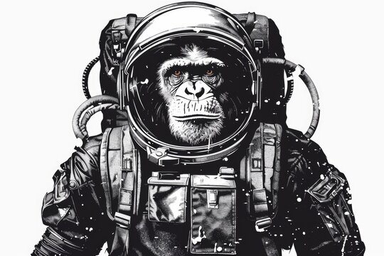 A monkey wearing a space suit, photographed in black and white