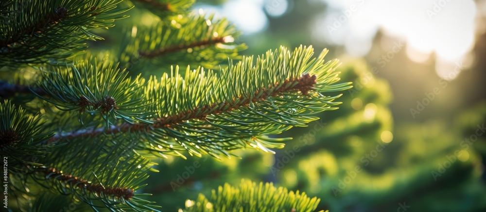 Poster close up of the pine tree branches in the sunlight. creative banner. copyspace image